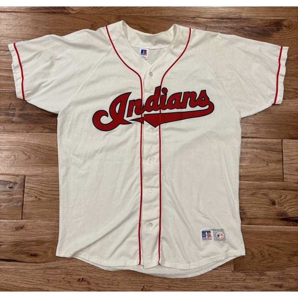 Vintage 90s Cleveland Indians Men's L Russell Athletic White Jersey Cotton Blend